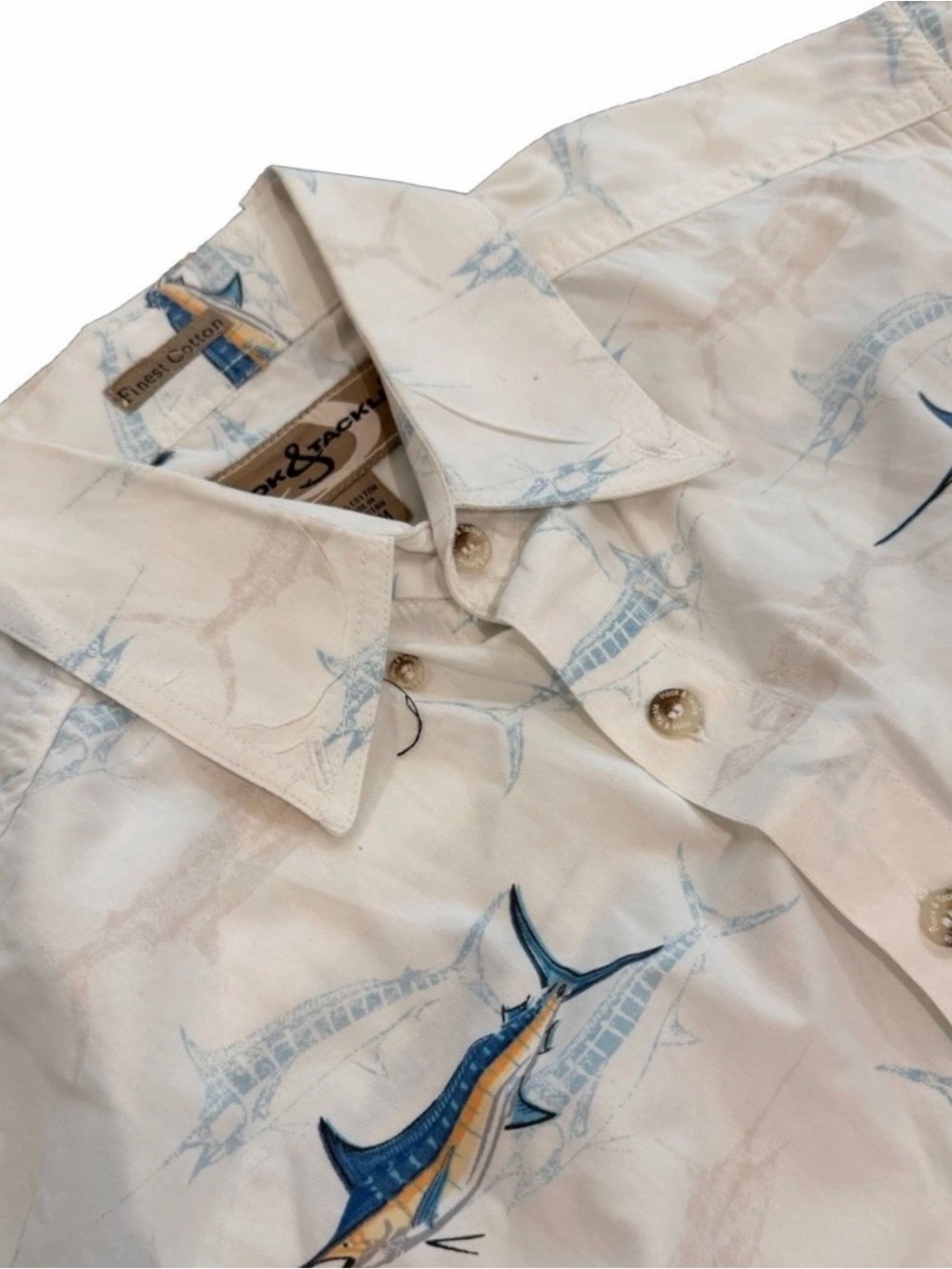 Hook & Tackle Shirt Men’s Medium Hawaiian Fish Marlin Beige Short Sleeve Cotton